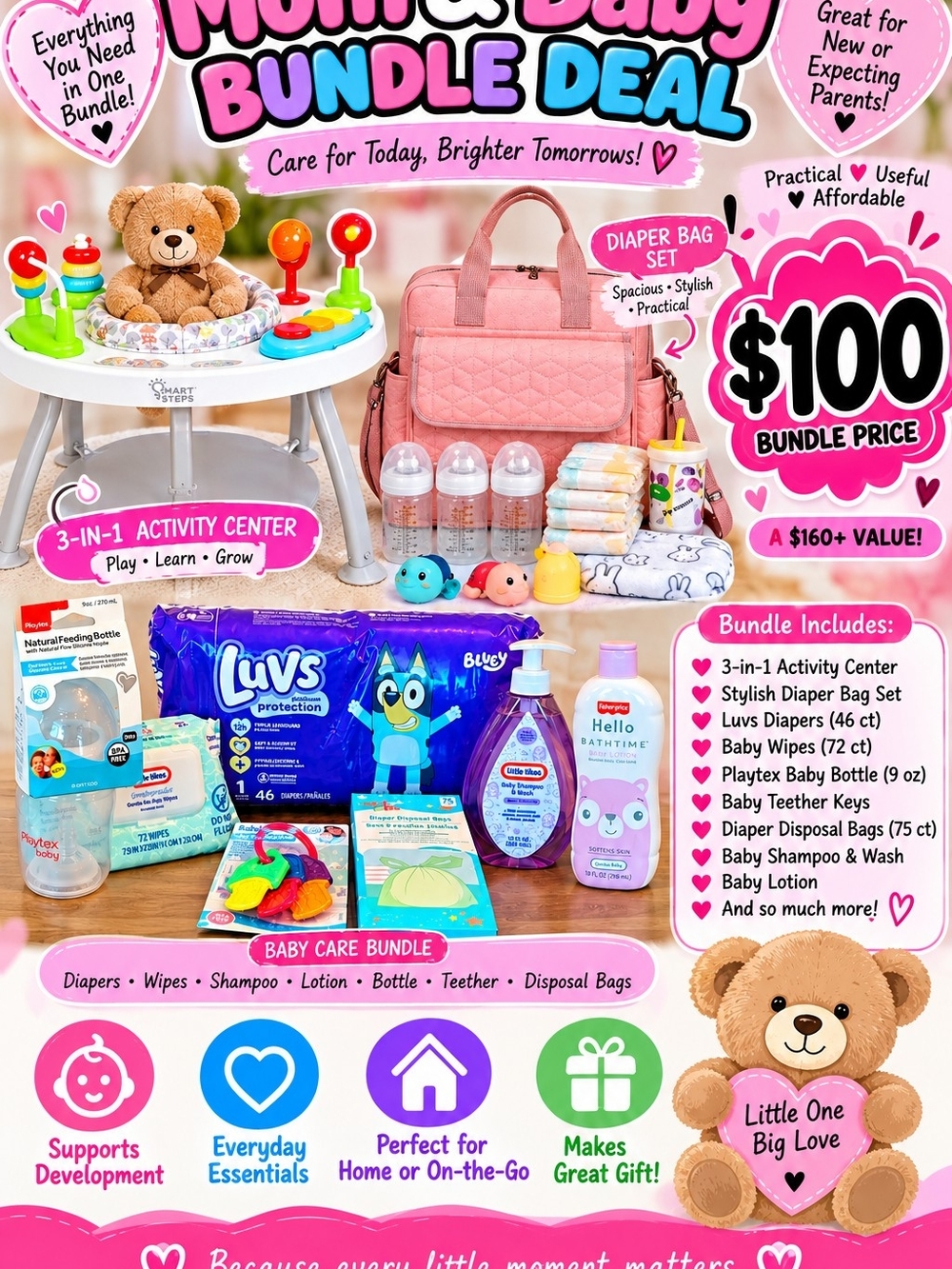 Mom & Baby Bundle Deal - Pink 3-in-1 Activity Center and Diaper Bag Set